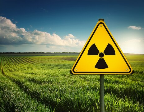 radiation zone warning sign in a green field
