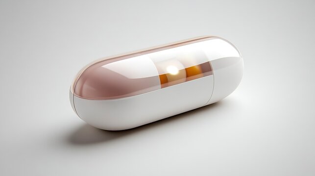 A sleek, futuristic capsule sits on a smooth surface, reflecting light with its glossy finish. The gentle curves and soft colors create an inviting feel, symbolizing health and wellness