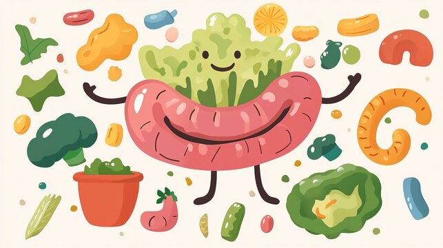 A cheerful vegetable with arms spread wide stands amidst an array of vibrant fruits and veggies. The scene radiates happiness and promotes a healthy lifestyle while celebrating nutrition