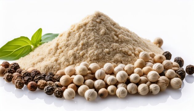high resolution macro shot of ground and whole white peppercorns isolated on a white background showcasing texture and culinary detail