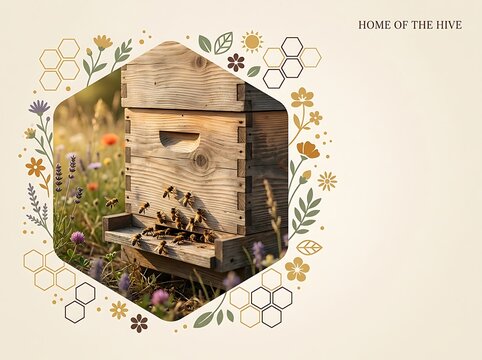 Honey bee hive in a meadow during golden hour with floral border