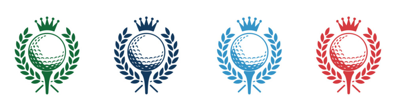 Collection of four stylized golf ball icons in green navy light blue and red each featuring a crown and laurel wreath on a tee
