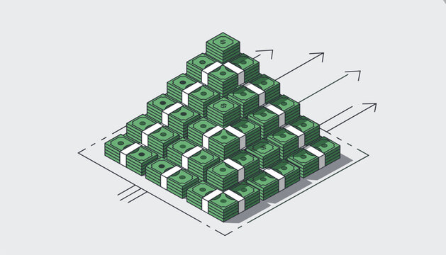 Isometric financial pyramid built of green dollar cash stacks with growth arrows indicating business success.