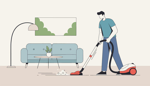 Diligent man cleaning the cozy living room floor with a modern vacuum cleaner near the sofa and coffee table.