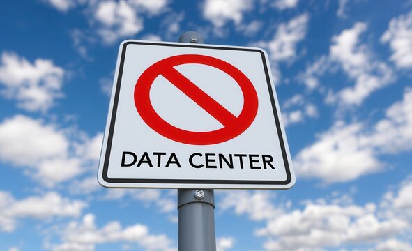 Sign indicating no entry to data center site under blue sky with clouds