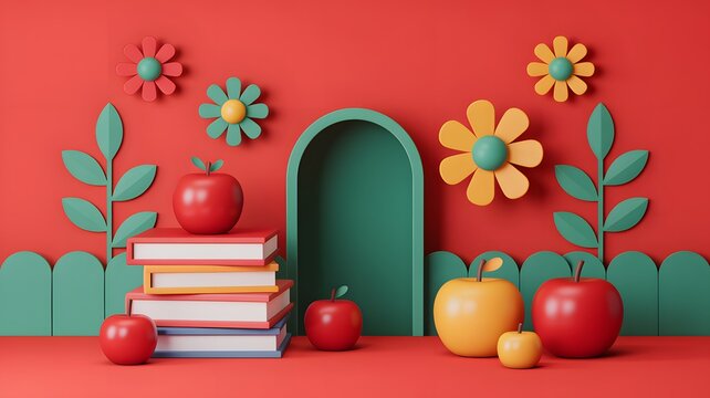 Stack paper books beside red yellow fruit near green archway against bright red floral background wall decor