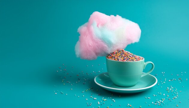 whimsical cotton candy cloud overflowing from mint green coffee cup with colorful sprinkles on turquoise background fun creative concept