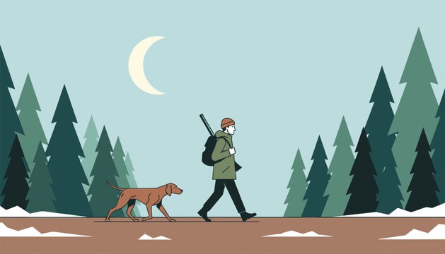 Hunter with a rifle and a backpack walking with his hunting dog through a snowy pine forest at night under the moon.