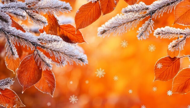 frosted orange leaves on branches with falling snowflakes against orange background art