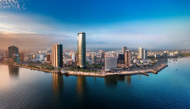a modern skyline of abidjan featuring the plateau district with its tall buildings and bustling streets