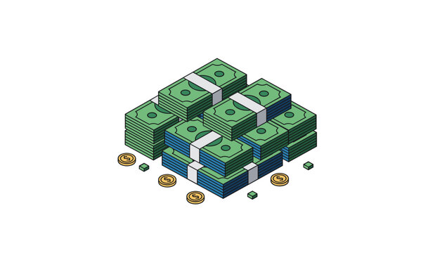 Isometric stack of hundred dollar bills wrapped in white bands surrounded by gold coins on a white background.