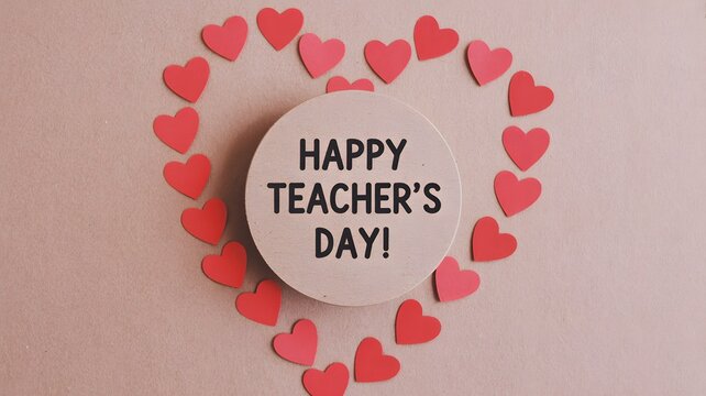 Heart shape made with red paper hearts surrounding round white paper note happy teacher day text