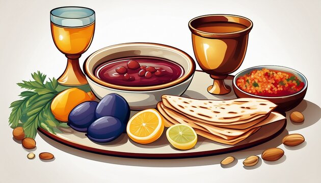 break the fast meal celebrating yom kippur with traditional foods on a bright white background in a minimalistic style