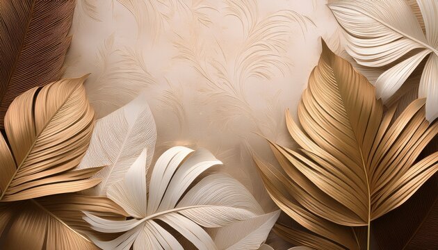 elegant beige and taupe tropical leaves on a textured background