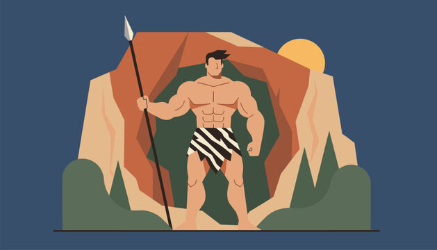 Muscular prehistoric caveman standing confidently while holding a sharp wooden spear in front of a cave entrance.