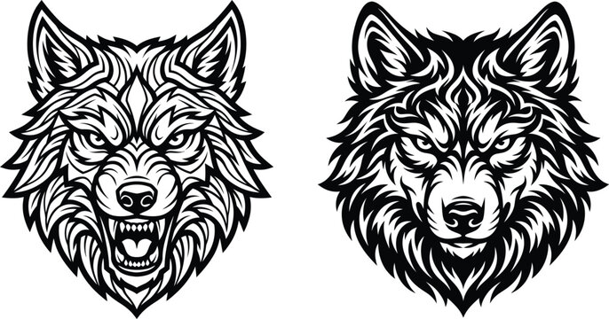 2 Fierce and Fearless Wolf Head Vector Designs, Bold Yet Elegant Tribal Animal Mascot Silhouette, Isolated Black and White Illustration for Logo Branding