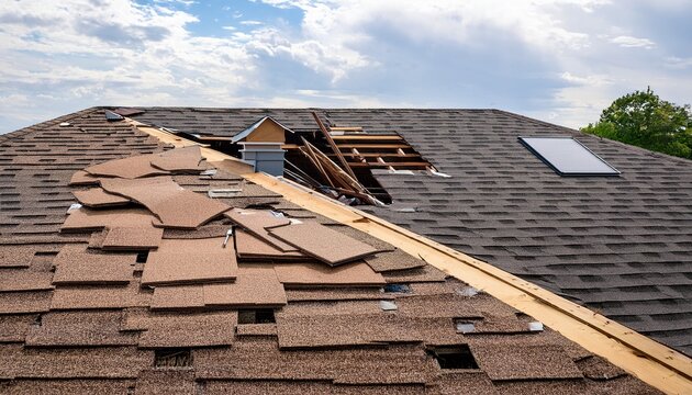 damaged residential roof with missing asphalt shingles and exposed plywood sheathing requiring urgent repair and home maintenance services