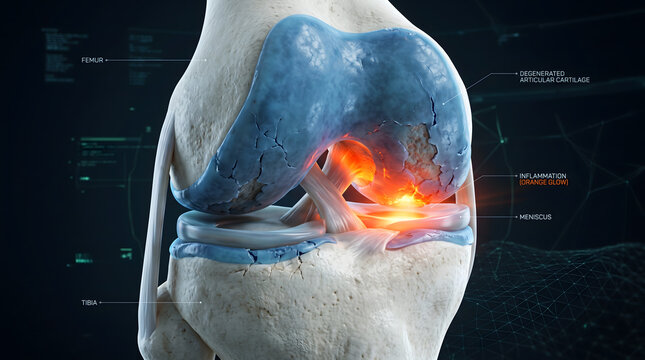 3D medical illustration of knee joint osteoarthritis showing degenerated cartilage and glowing red inflammatory response