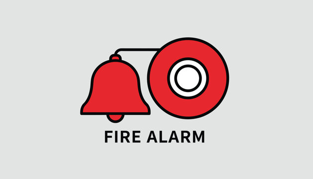 Red fire alarm bell with a circular trigger button and bold text reading fire alarm isolated on a solid light grey background.