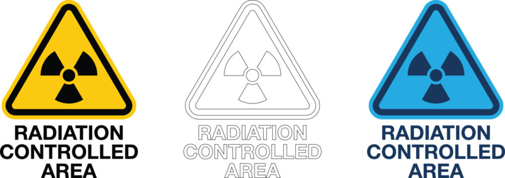 Radiation controlled area warning signs with radioactive hazard symbol in three designs.