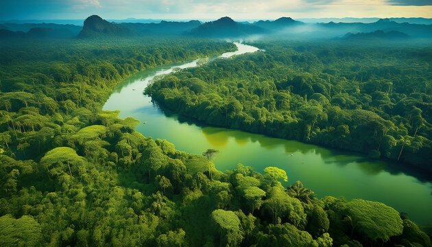 generative ai green beautiful amazonian jungle landscape with trees and river drone view