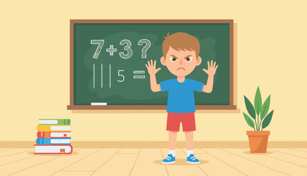 Frustrated young boy standing in front of a school blackboard with a simple math problem he cannot solve.
