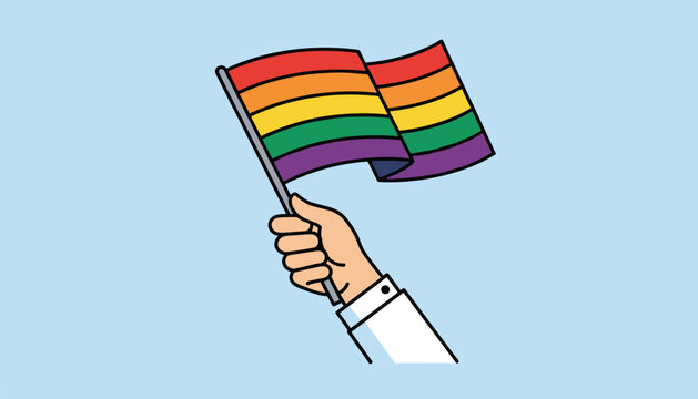 Hand proudly holding and waving a colorful rainbow LGBTQ pride flag against a clean light blue background.
