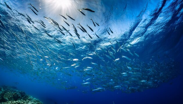 underwater drone school of fish deep blue ocean