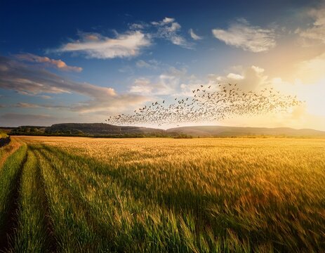 birds in flight over countryside field soft sky minimal composition peaceful realistic aesthetic