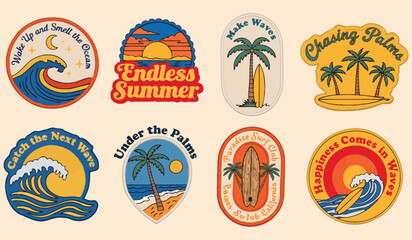Retro surfing patches with palm trees and ocean waves during golden hour for summer apparel © MMM