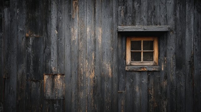 Rustic weathered wooden wall with a small window, showcasing aged texture and a sense of history, a charming rural scene