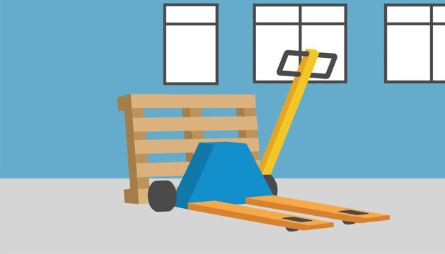 Industrial yellow and blue pallet jack with a wooden pallet loaded, shown inside a spacious warehouse setting.