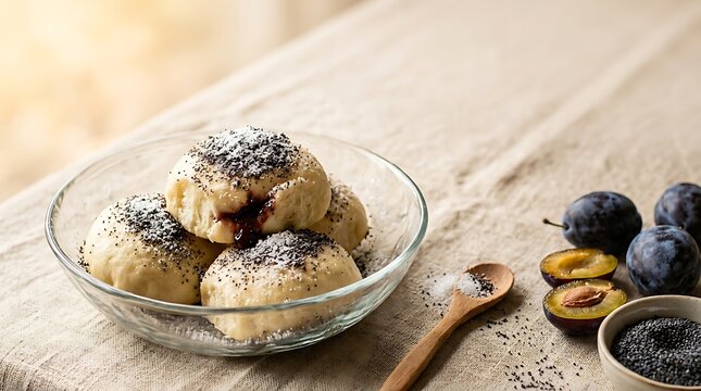 Slovakia, Parene Buchty, sweet fluffy steamed buns filled with plum jam, dusted with sugar and poppy seeds