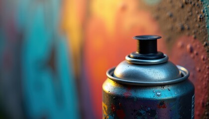 Naklejka premium Spray paint can against vibrant graffiti wall. Close-up shot of spray paint can showing metal surface and nozzle, highlighting artistic expression in urban art scene. Concept of street art creation.