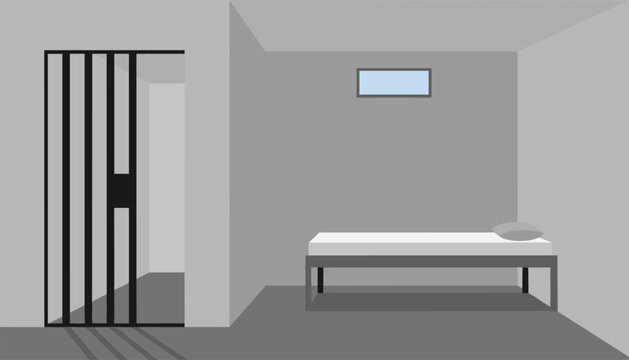 Interior of a grey concrete prison cell containing a simple metal bed with a pillow, small high window, and metal bars.