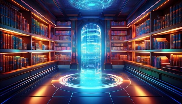 a 3d rendering of a futuristic library with glowing shelves each containing holographic books and scrolls