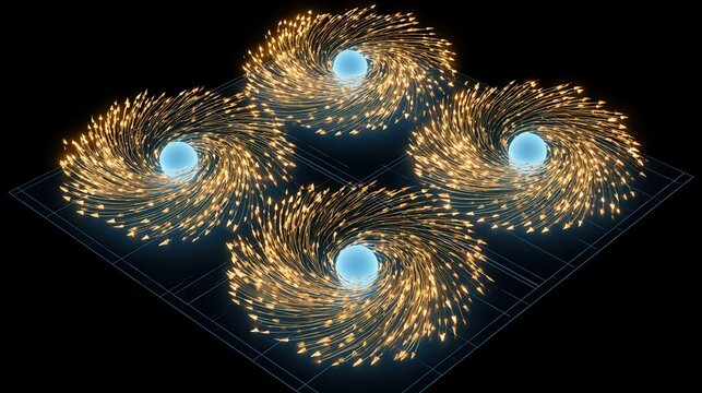 Four spheres create swirling patterns in a scientific simulation displaying motion and energy