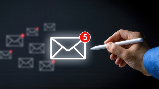 Hand holding pen near digital mail icon with notification of unread emails