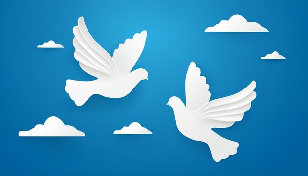 two white doves on blue sky background simple papercut vector