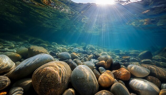 assorted river rocks underwater with sunlight reflecting on natural stones