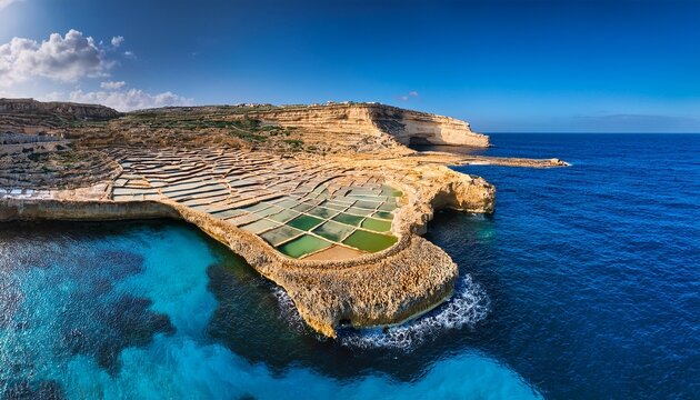 xwejni s centuries old salt pans unfold along the rugged coast of zebbug gozo geometric pools and vivid mediterranean blues in a sweeping summer aerial view