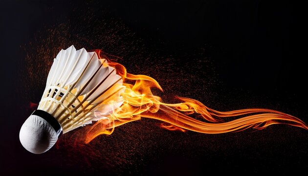 burning badminton ball on fire flying with high velocity with flame tail high speed shuttlecock for poster or logo