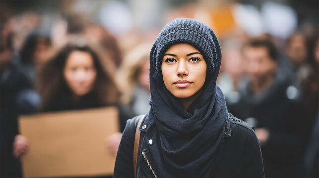 A determined young woman wearing a dark hijab stands at a protest with a blurred crowd behind her. Editorial photo captures fierce empowerment and activism.