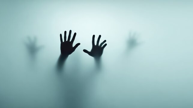 Ghostly hands press against a misty glass wall in a chilling paranormal scene. Eerie silhouettes and cinematic lighting create a haunting, mysterious horror mood.