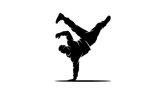 Dynamic silhouette of a person breakdancing with one hand on the ground