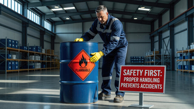 Man worker holding industrial barrel with flammable liquid sign in warehouse. Employee following safety protocol and regulation. Hazard prevention, warehouse management and logistics concept.
