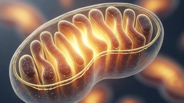 Mitochondrion, intricate cellular organelle providing metabolic energy, luminous inner membrane, essential powerhouse generating biological power, magnified cellular component.