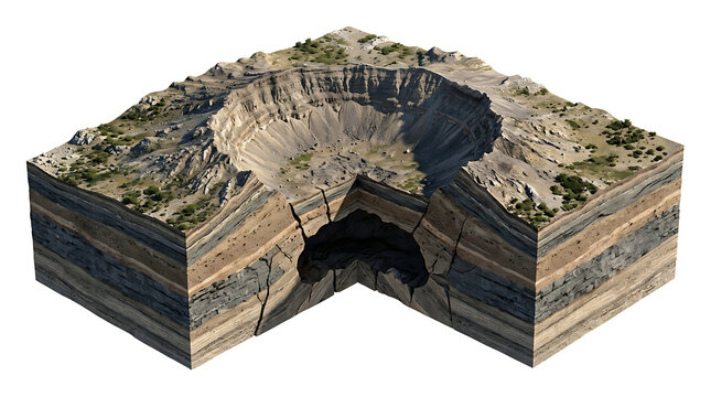 Detailed 3D geological cross section of an impact crater isolated on white