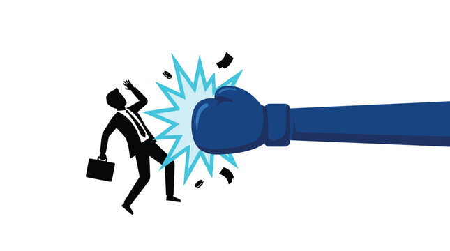 Aggressive blue boxing glove punching a businessman in this dynamic flat vector graphic illustration style