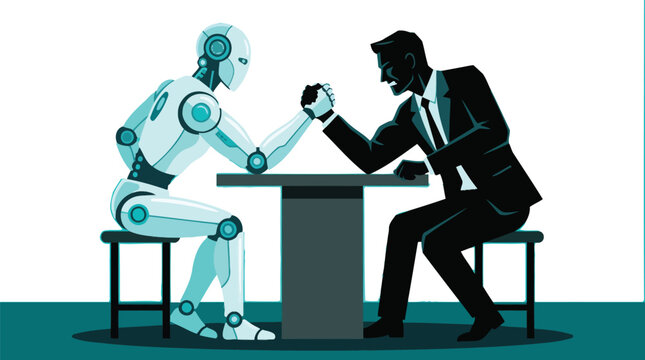 Futuristic robot arm wrestling against determined businessman in this conceptual digital vector graphic flat illustration